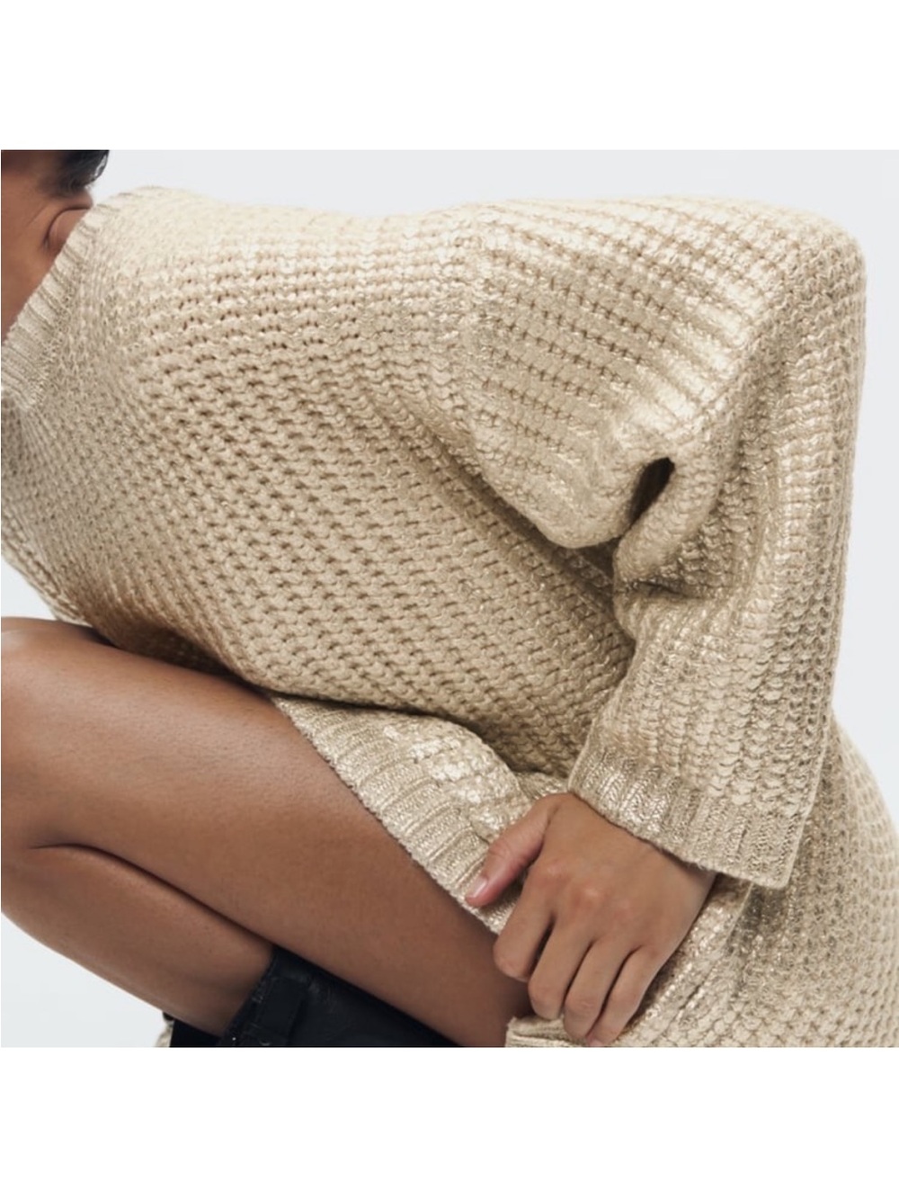 Zara Cream Metallic Gold Chunky Knit Sweater Size M